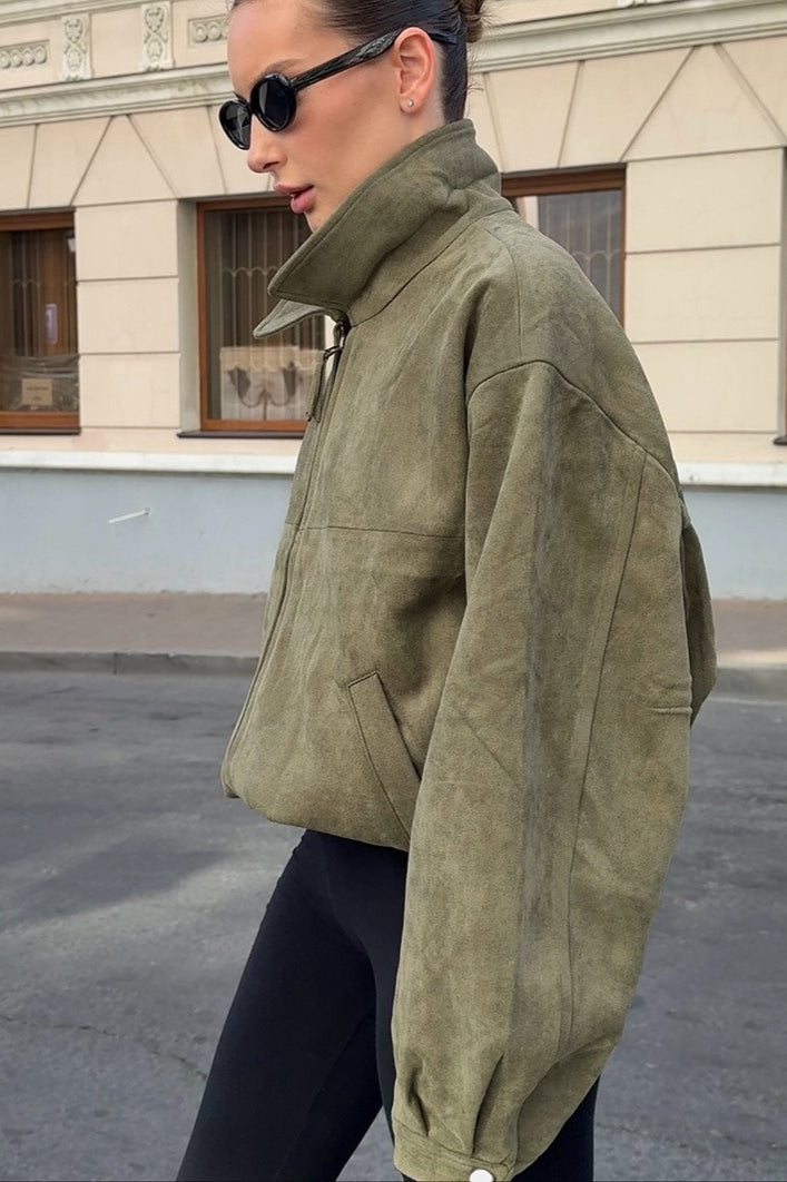 Casual Green Suede Collar Jacket