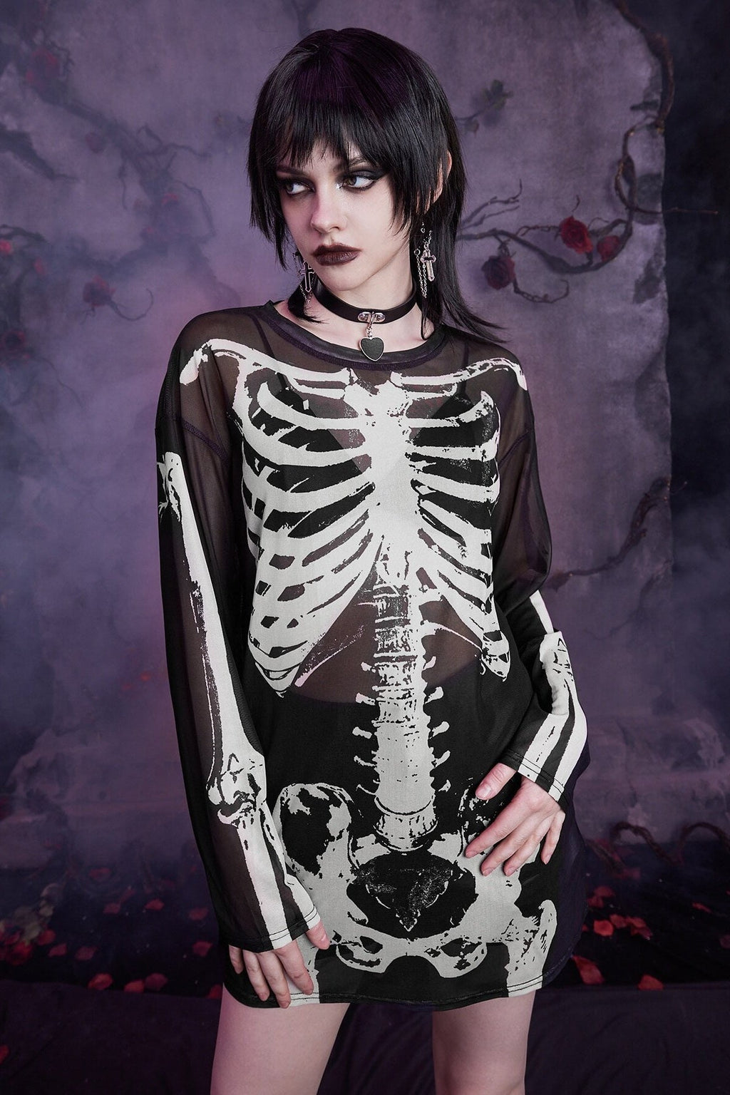 Dark Style Skull Print Mesh Knit Top