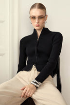 Knit Double Zipper Stand Collar  Blouse