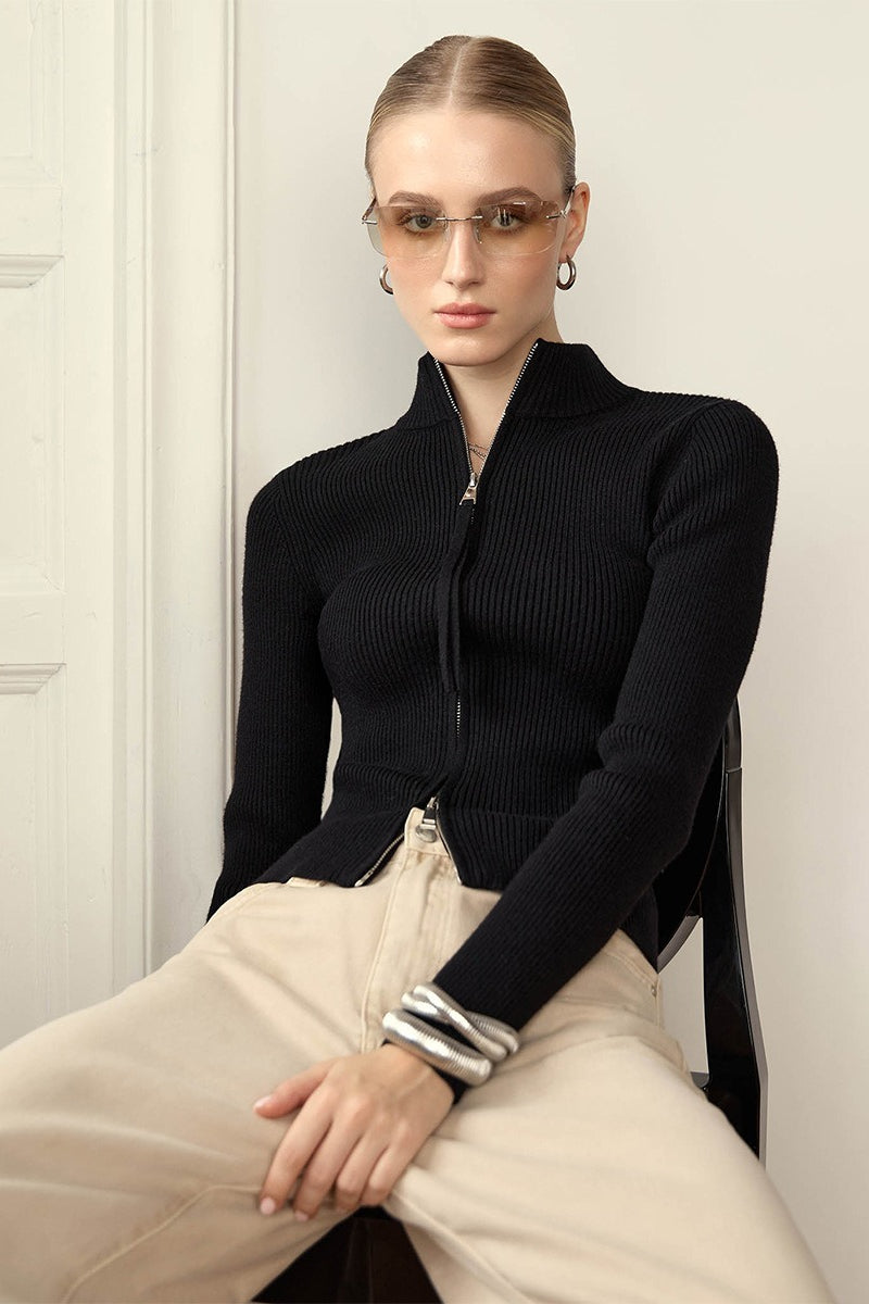Knit Double Zipper Stand Collar  Blouse
