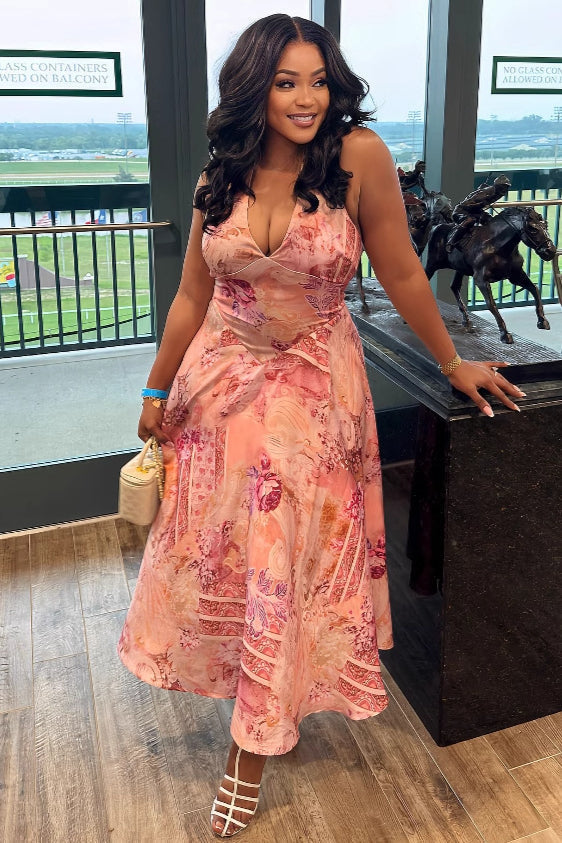 Elegant Floral Print Halter High Waist Floral Dress