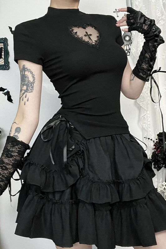 Gothic Cutout Cross Mock Neck T-Shirt