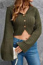 Hooded Cropped Buttoned Knit Cardigan