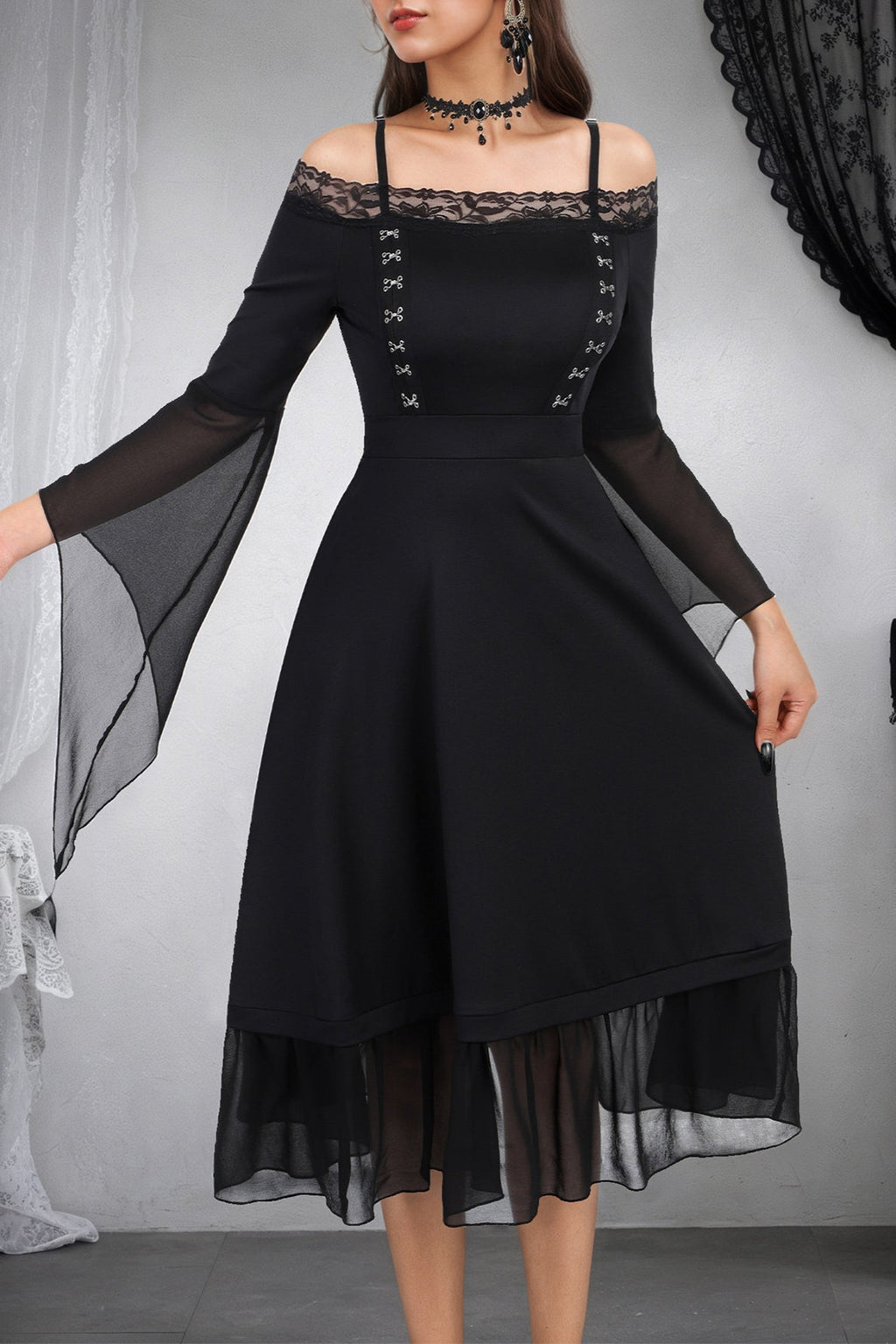 Gothic Dark Flare Sleeve Lace Chiffon A-Line Bodycon Maxi Dress