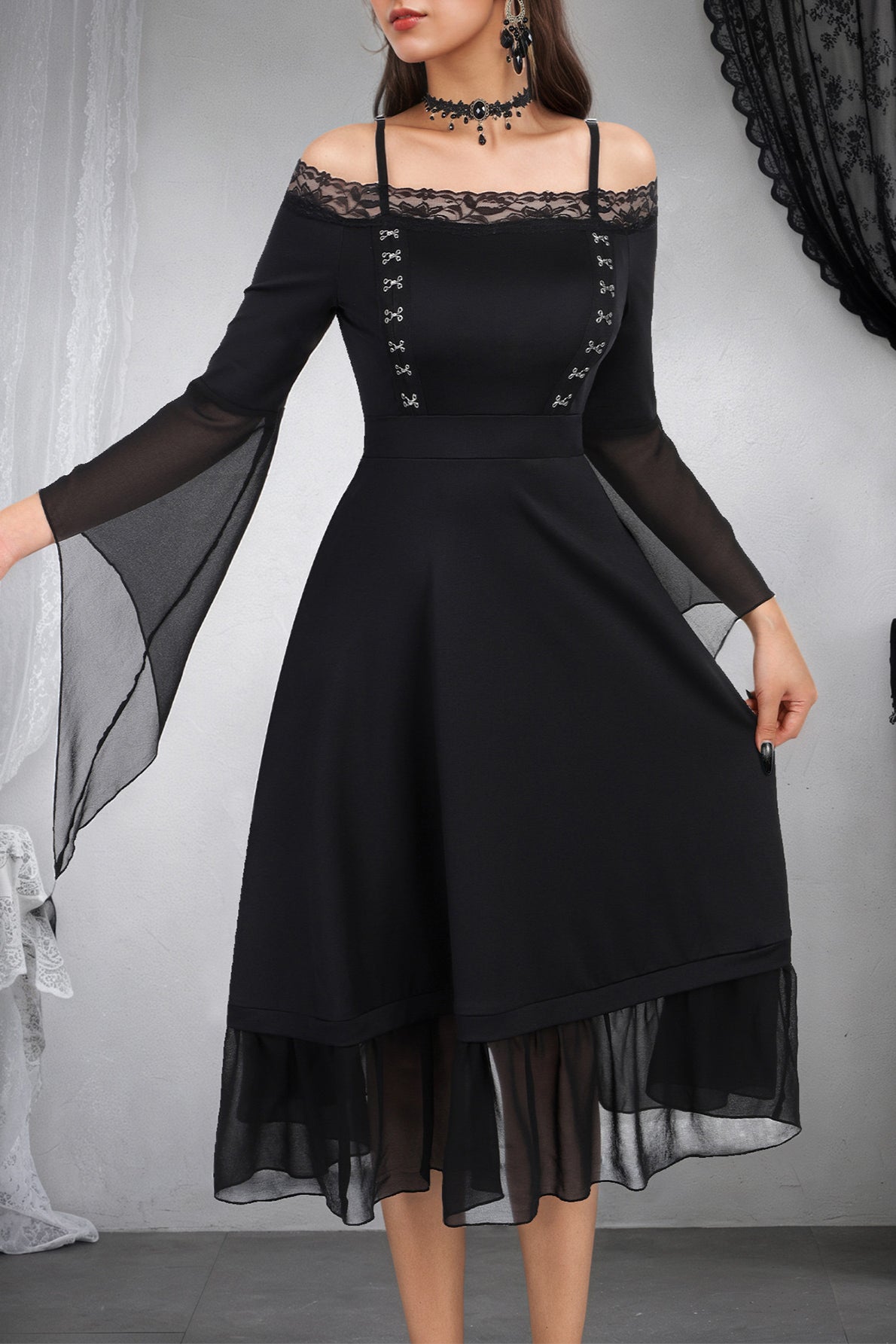 Gothic Dark Flare Sleeve Lace Chiffon A-Line Bodycon Maxi Dress