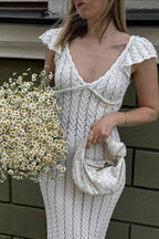 Ruffled Knit Backless V-Neck Boho Dress