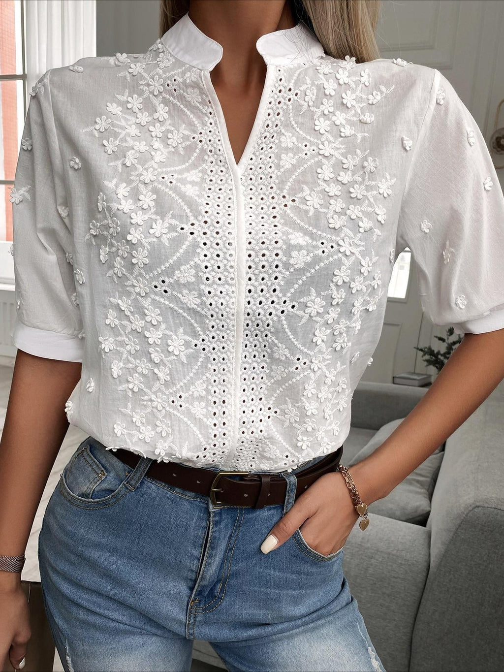 Lace Embroidered V-Neck Blouse