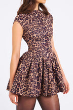 Leopard Pleated Backless Round Neck Mini Dress