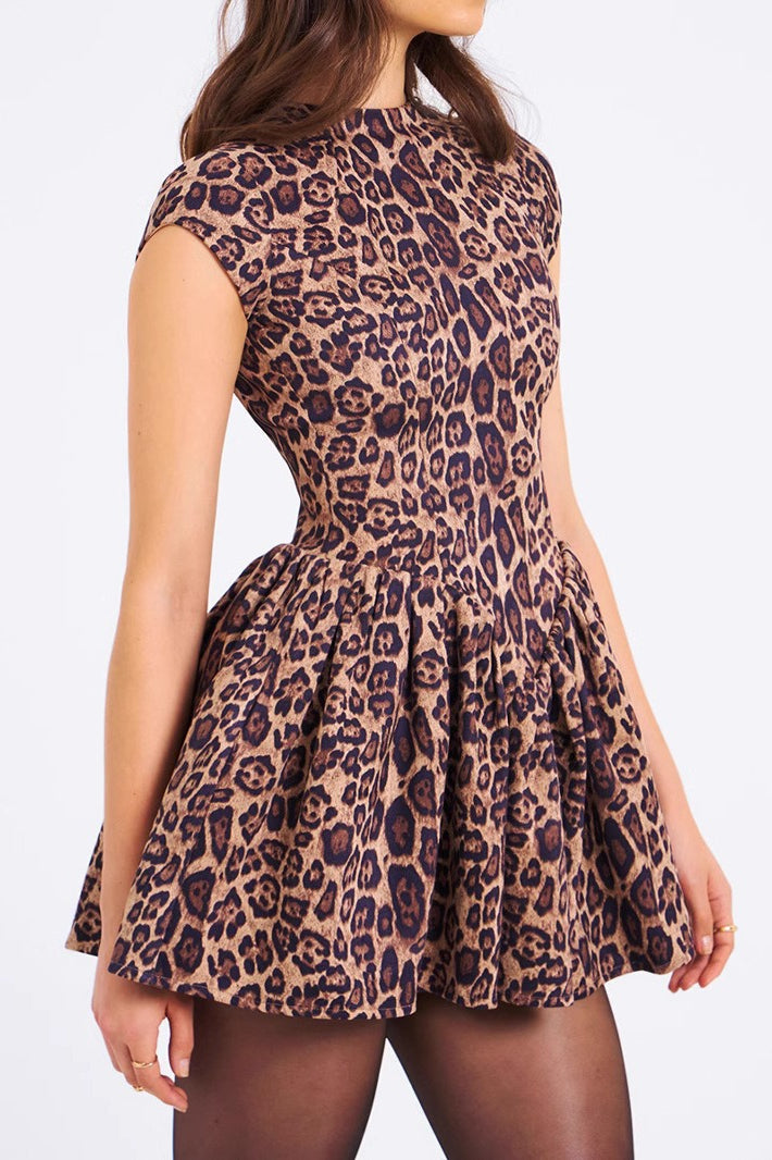 Leopard Pleated Backless Round Neck Mini Dress