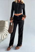 Fur Collar Leopard Print Double Zipper Knit Coat