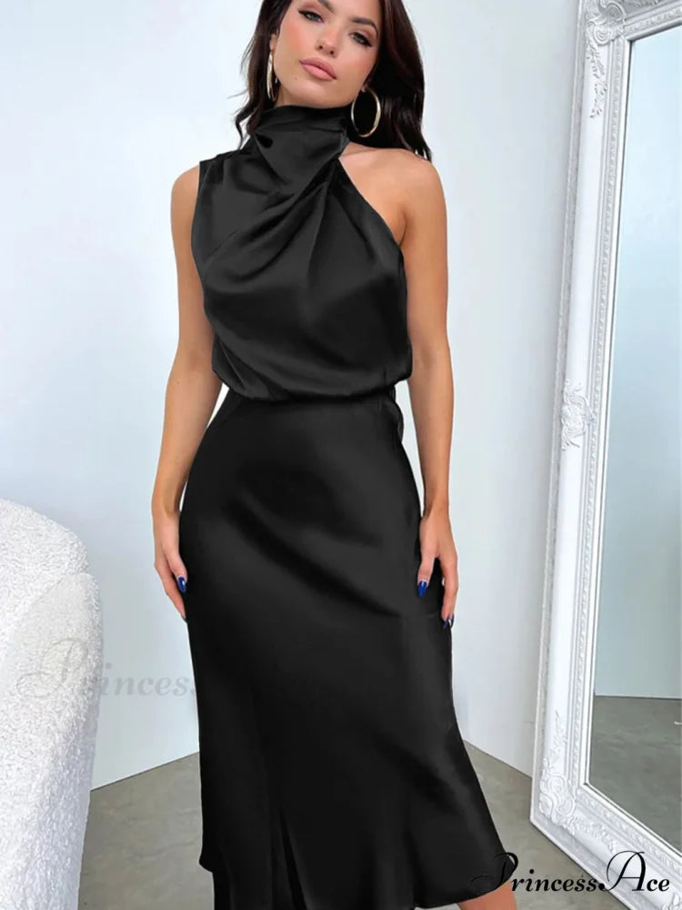 Addison Stretch Satin Charming Long Sleeve Midi Dress