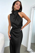 Addison Stretch Satin Charming Long Sleeve Midi Dress