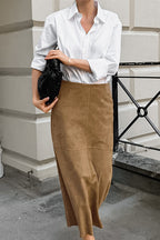 French Minimalist High-Waisted Solid Color Midi Skirt