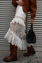 Lace Ruffled Asymmetrical Midi Skirt