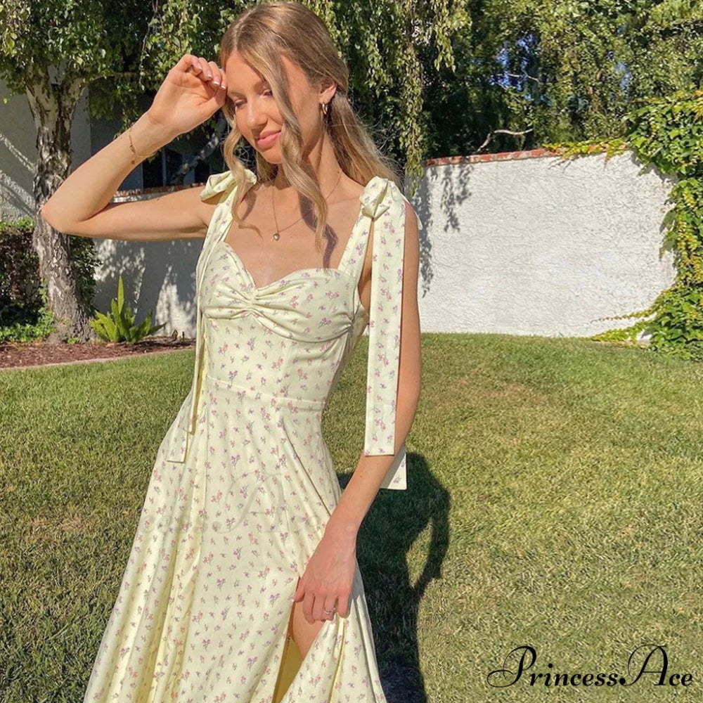 Adorable Daisy Printed High Slit Classic A-Line Slip Midi Sundress - White