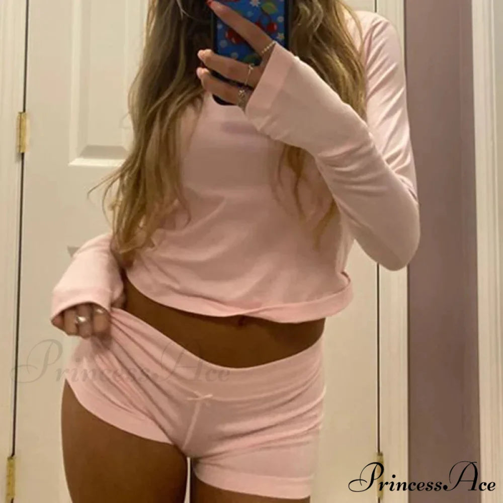 Adorable Female Long Sleeve Crop Top Shorts Two Pieces Set