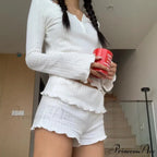 Adorable Female Long Sleeve Crop Top Shorts Two Pieces Set