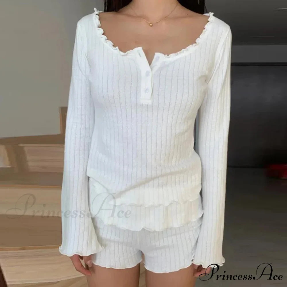 Adorable Female Long Sleeve Crop Top Shorts Two Pieces Set