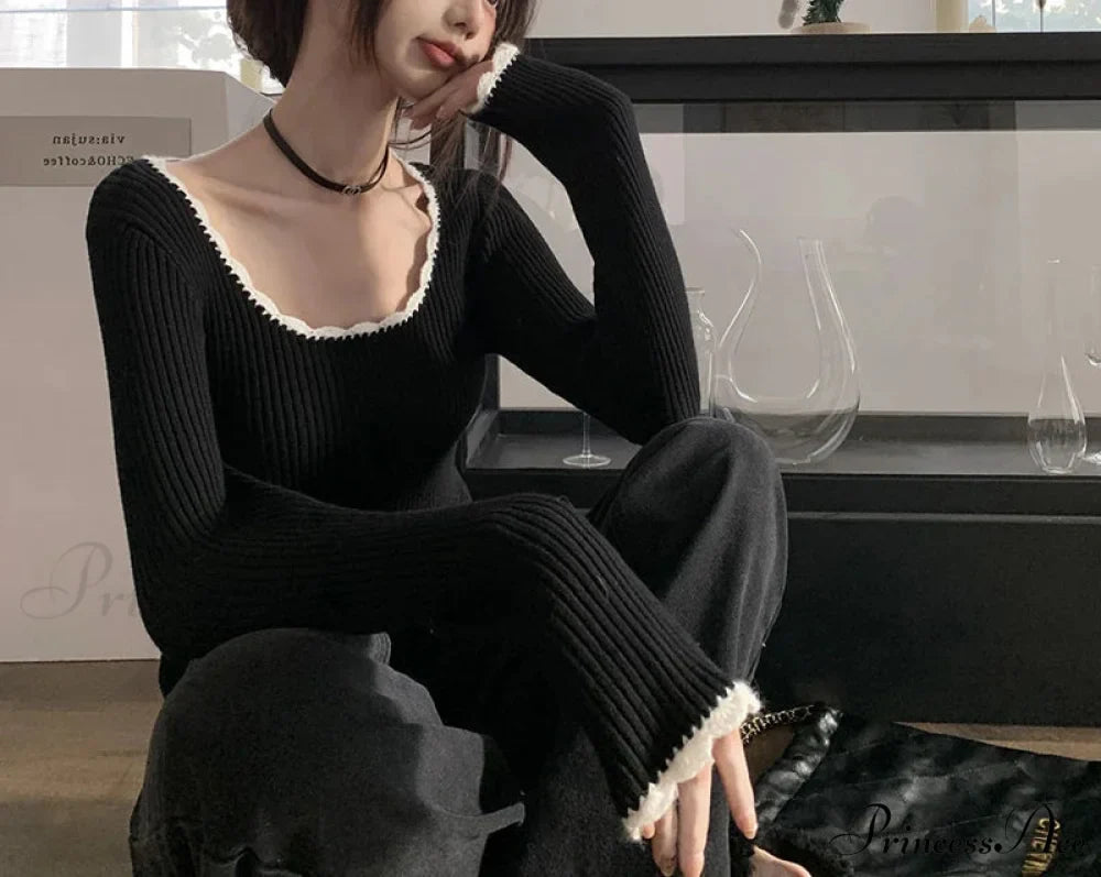 Adorable Round Neck Extended Sleeve Form-Fitting Knitted Crop Top