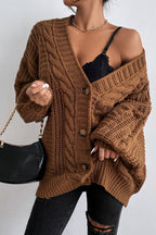 V-Neck Vintage Cable Knit Balloon Sleeve Cardigan