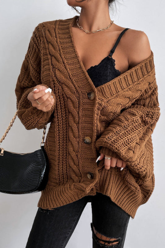 V-Neck Vintage Cable Knit Balloon Sleeve Cardigan