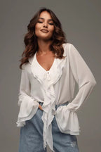 Solid V-Neck Ruffled Flare Sleeve Blouse