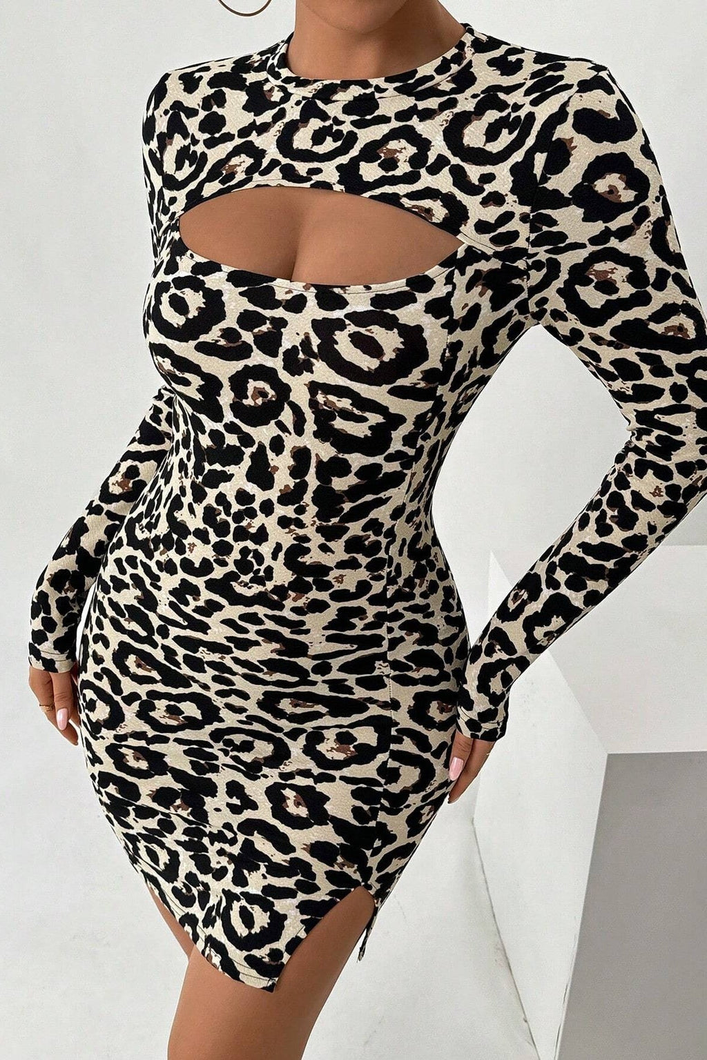 Leopard Print Cutout Long Sleeve Mini Dress