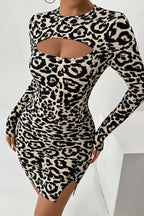 Leopard Print Cutout Long Sleeve Mini Dress