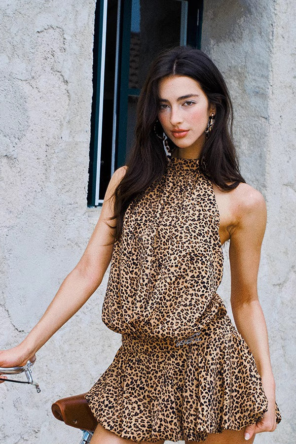 Backless Leopard Print Halter Mini Dress