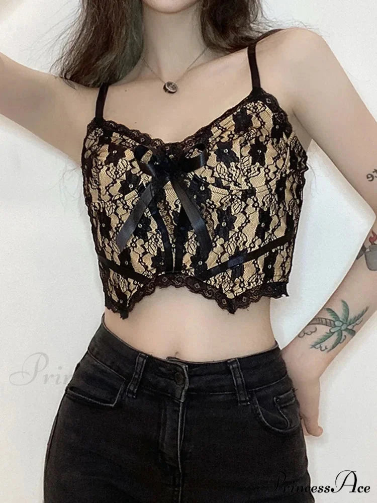 Aesthetic Lace Dark Academia E Girl Double Layer V Neck Sexy Crop Top