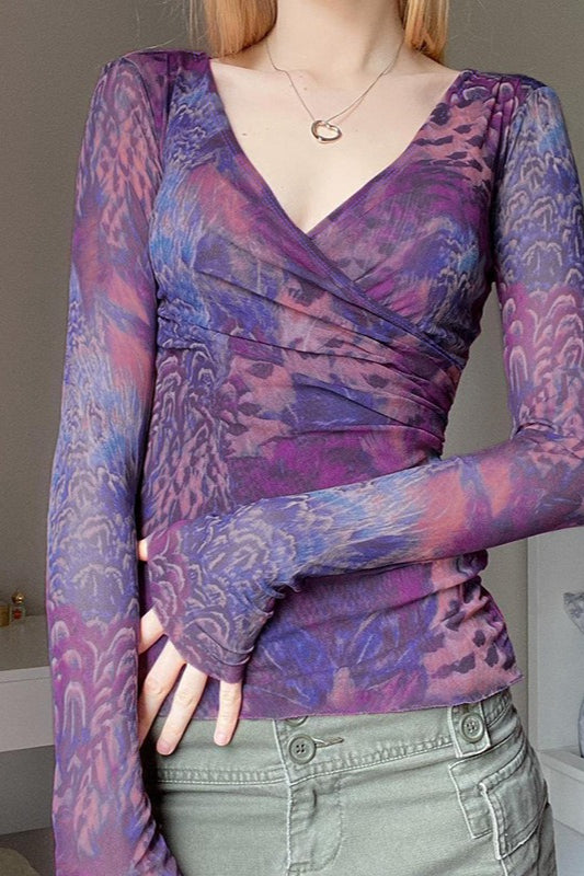 Cross V Neck Printed Blouse