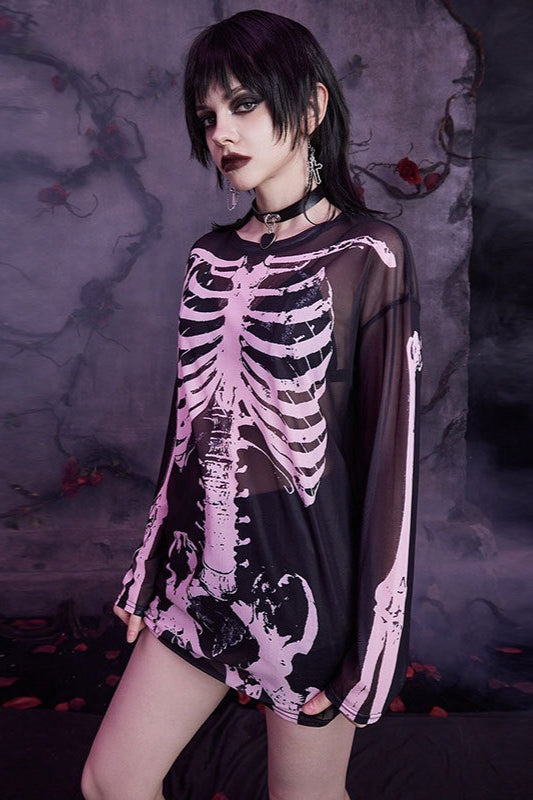 Mesh Skeleton Print Gothic T-Shirt