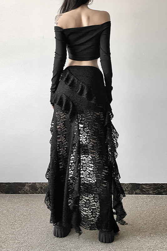 Wavy Lace Ruffle Trim Skirt