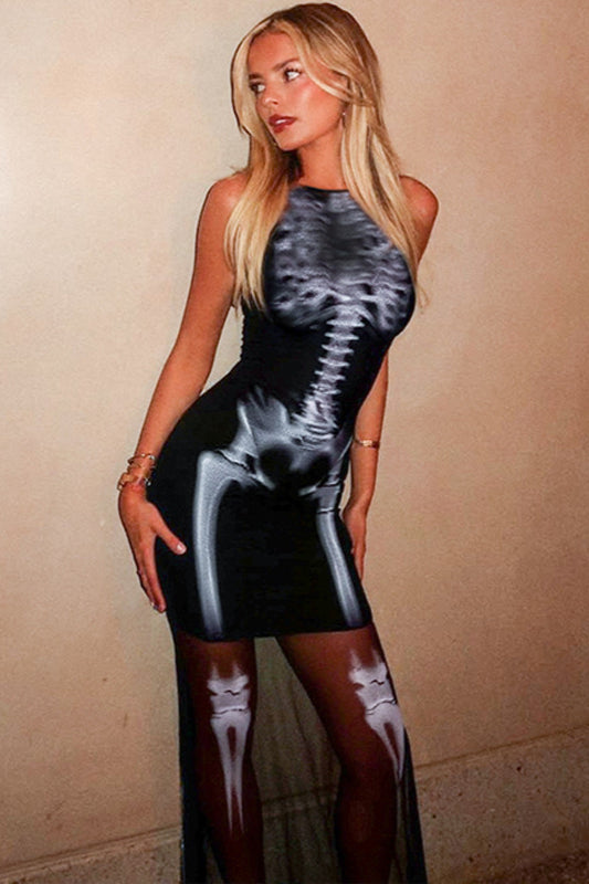 Round Neck Skull Print Mesh Bodycon Mini Dress