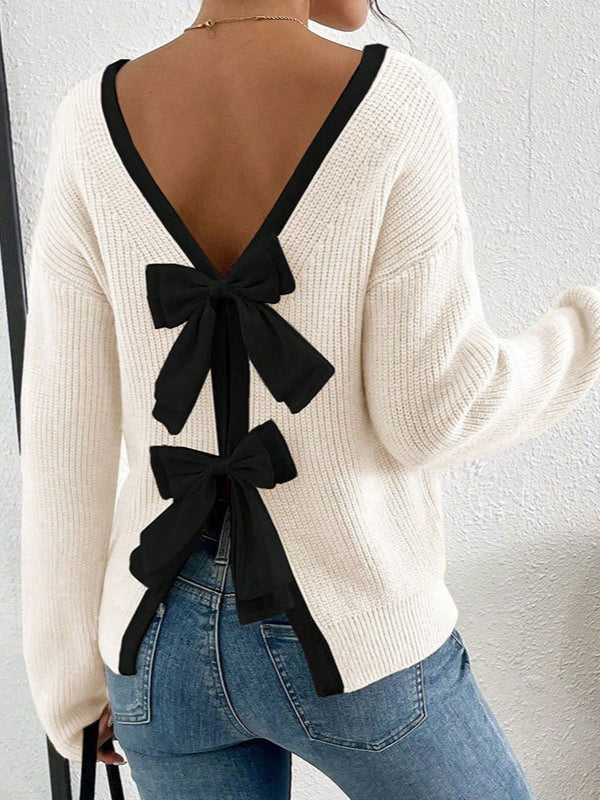 Back Bow Detail Crewneck Knit Sweater
