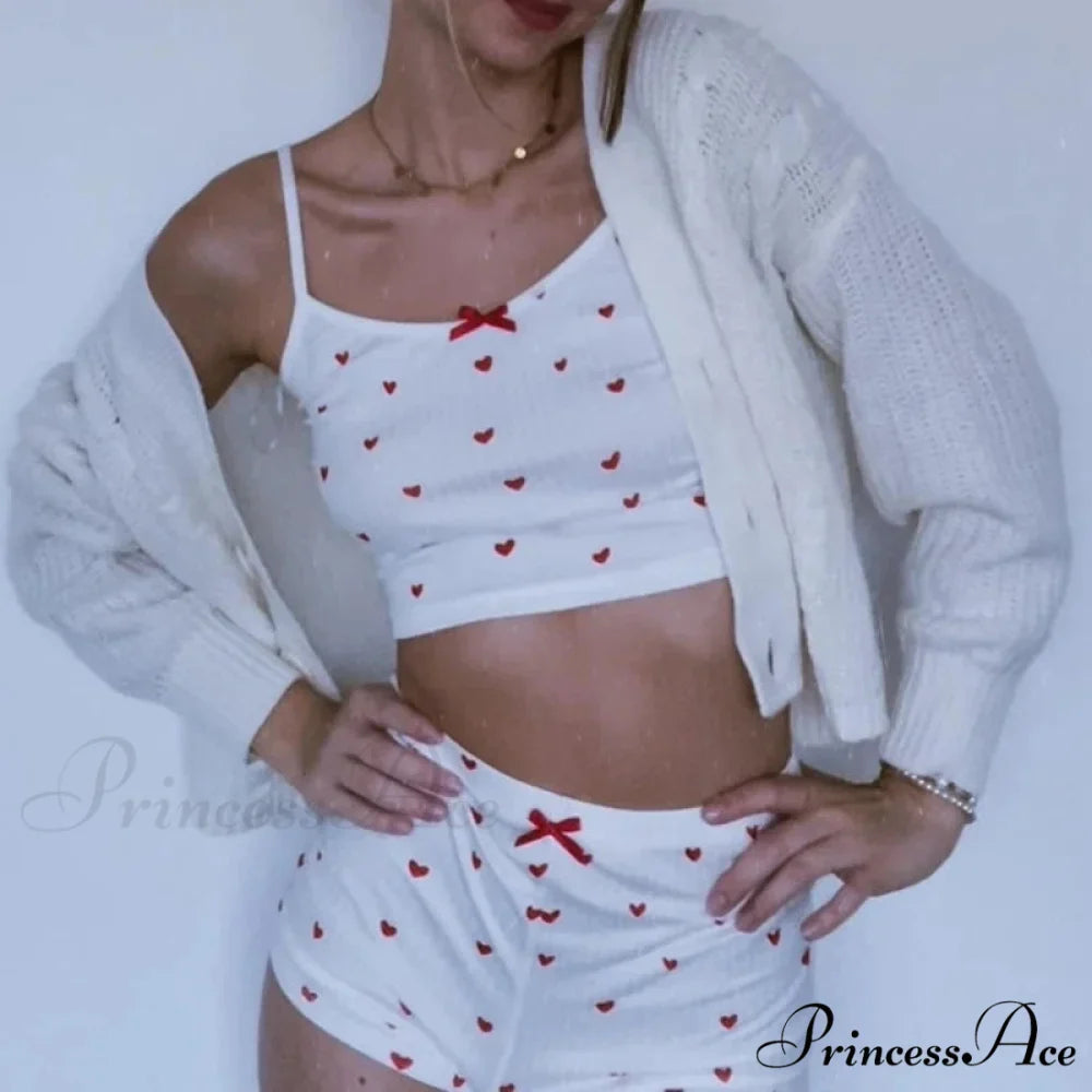 Affection Print Bow Trim Spaghetti Strap Camis Flexible Shorts Two Pieces Set