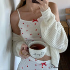 Affection Print Bow Trim Spaghetti Strap Camis Flexible Shorts Two Pieces Set