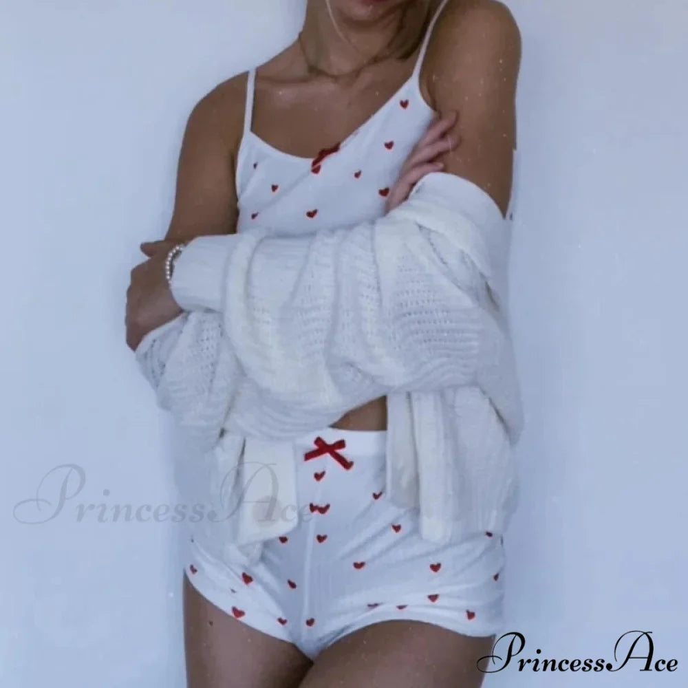 Affection Print Bow Trim Spaghetti Strap Camis Flexible Shorts Two Pieces Set