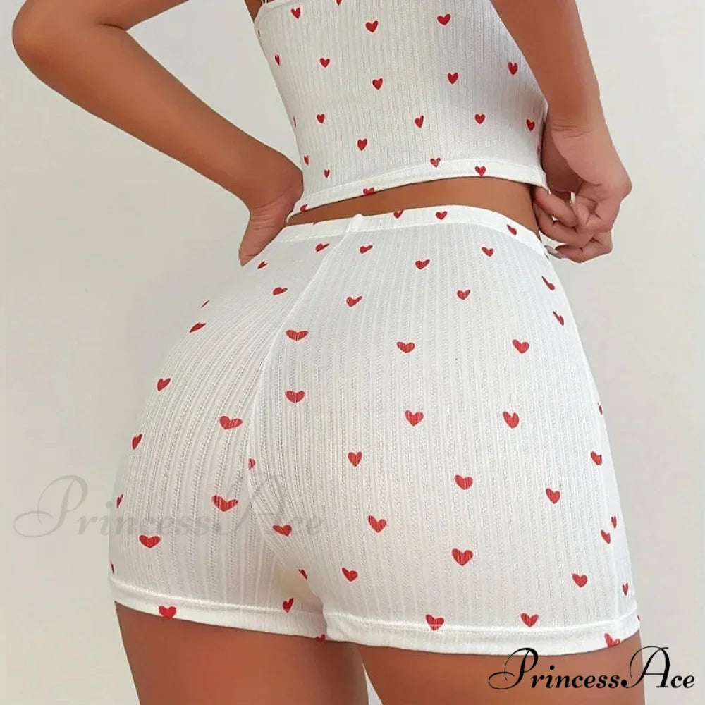 Affection Print Bow Trim Spaghetti Strap Camis Flexible Shorts Two Pieces Set