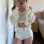 Affection Print Bow Trim Spaghetti Strap Camis Flexible Shorts Two Pieces Set