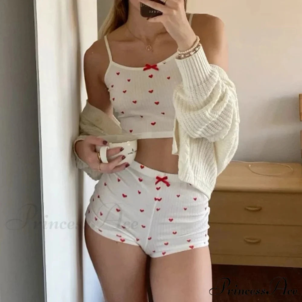 Affection Print Bow Trim Spaghetti Strap Camis Flexible Shorts Two Pieces Set