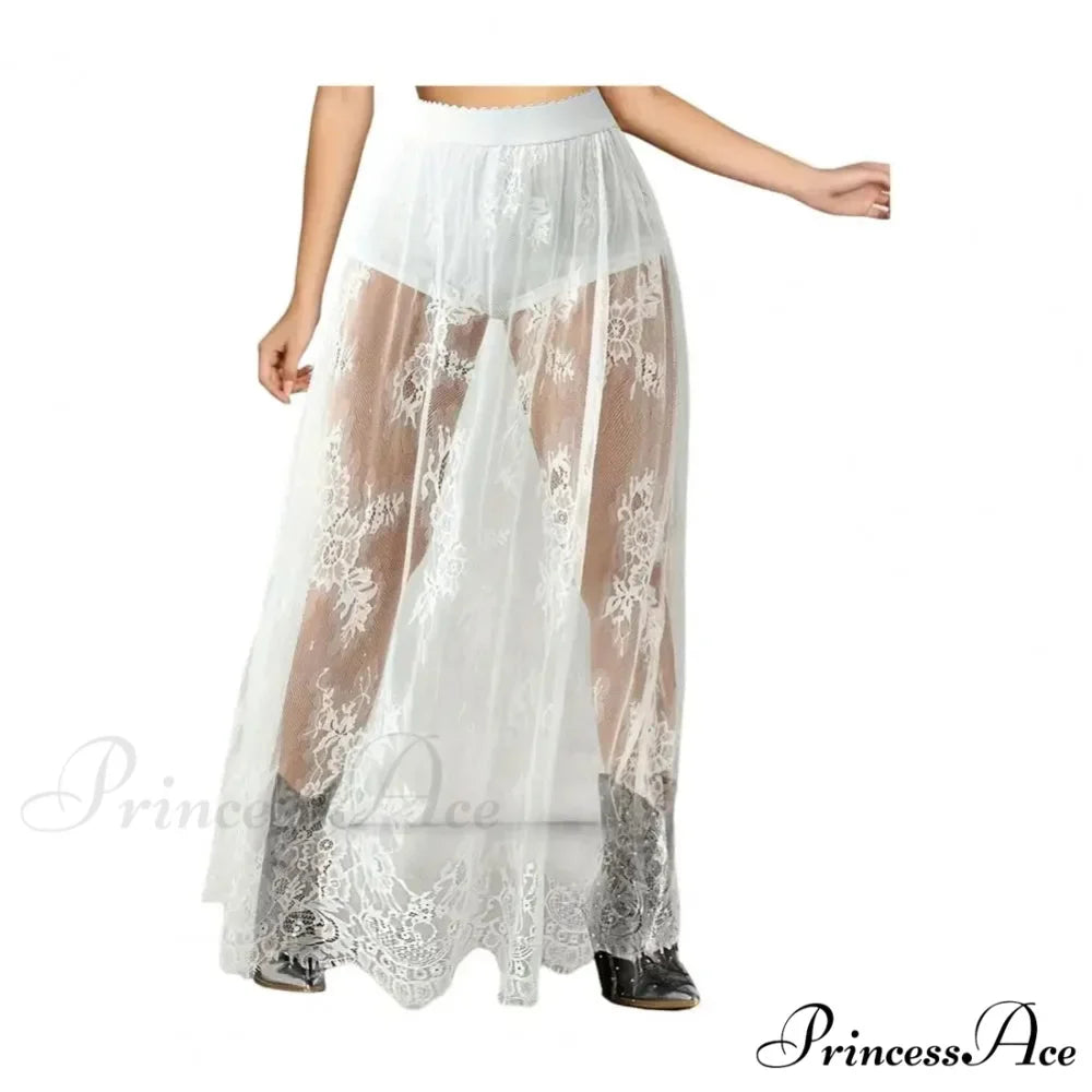 Airy Checkered Mesh Maxi Skirt Gloomy Design Embroidery