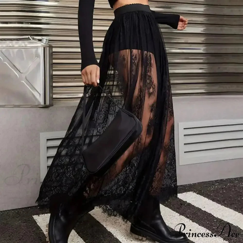 Airy Checkered Mesh Maxi Skirt Gloomy Design Embroidery
