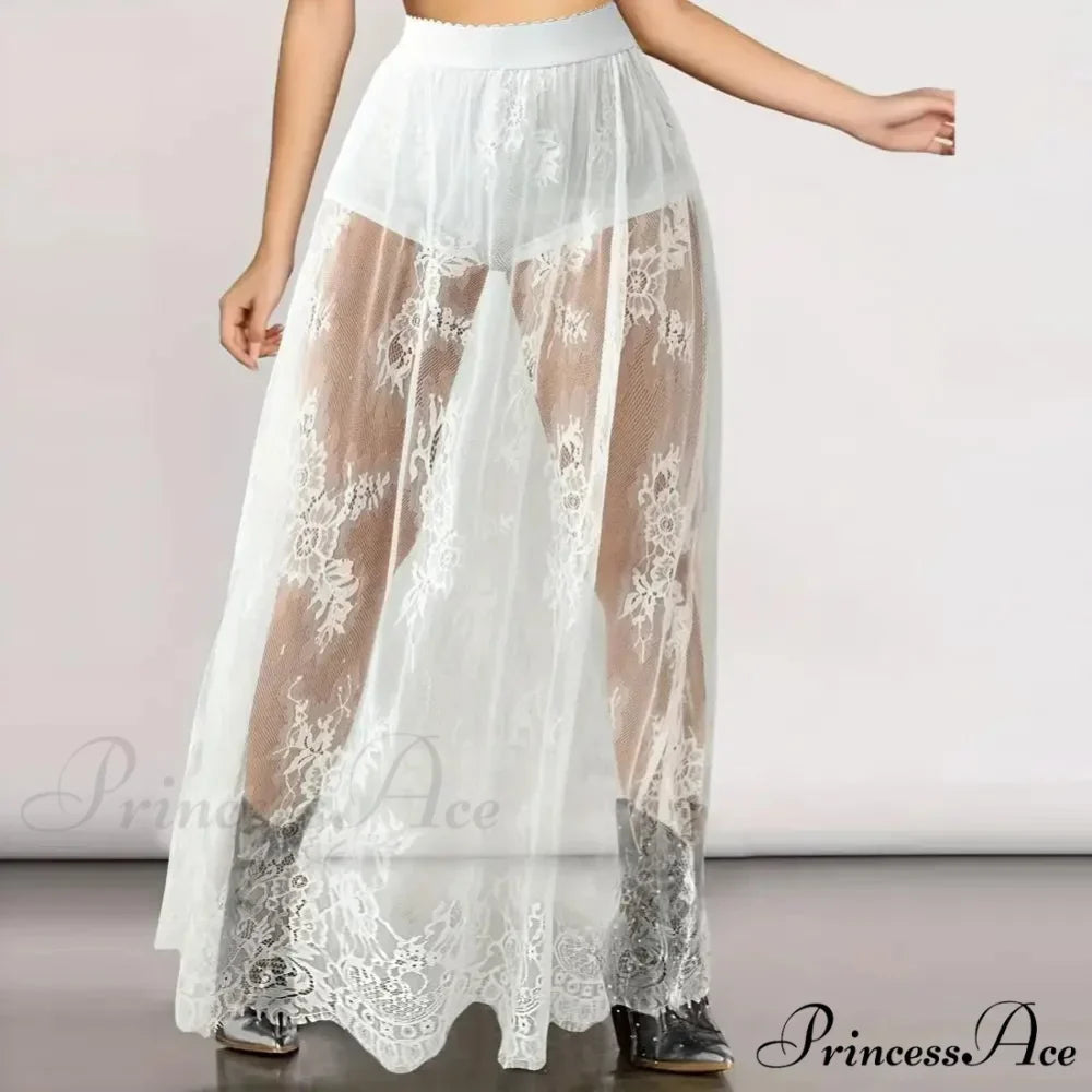 Airy Checkered Mesh Maxi Skirt Gloomy Design Embroidery