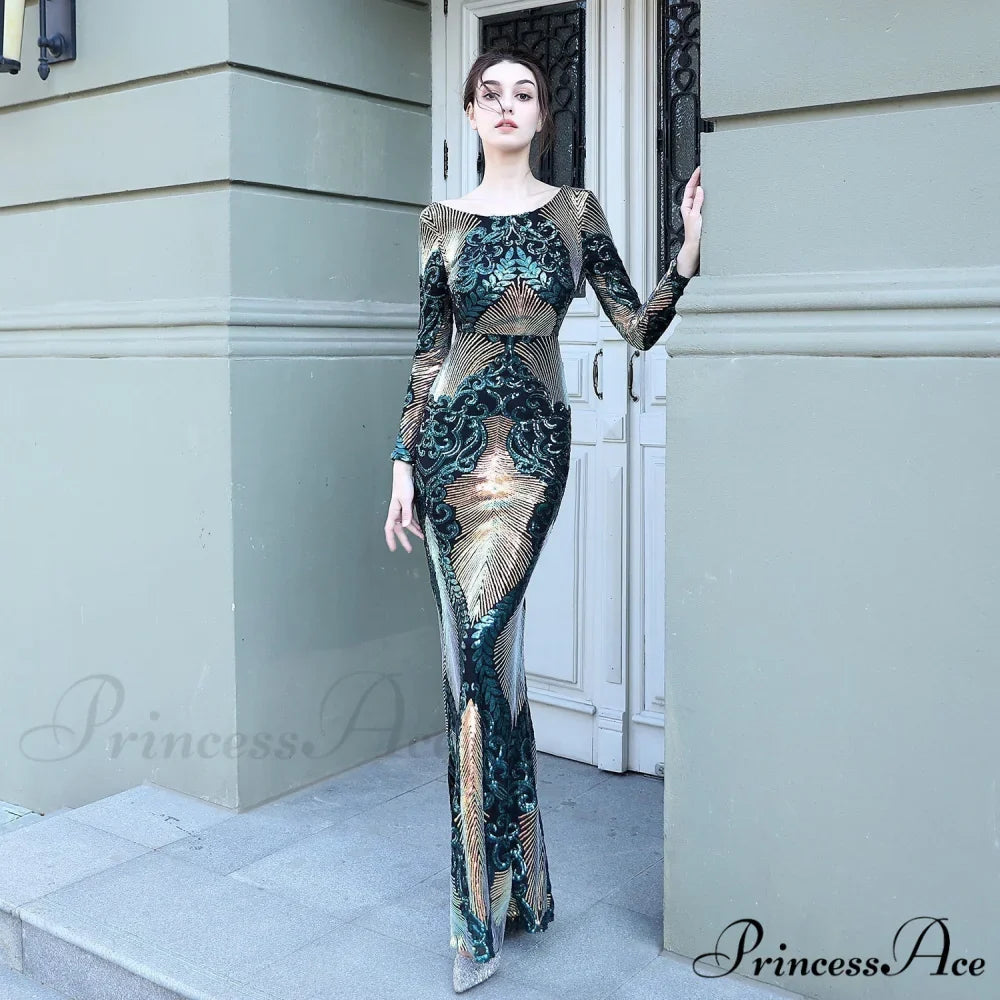 Alexis Stylish stitching floor Graceful mopping long sequin dress