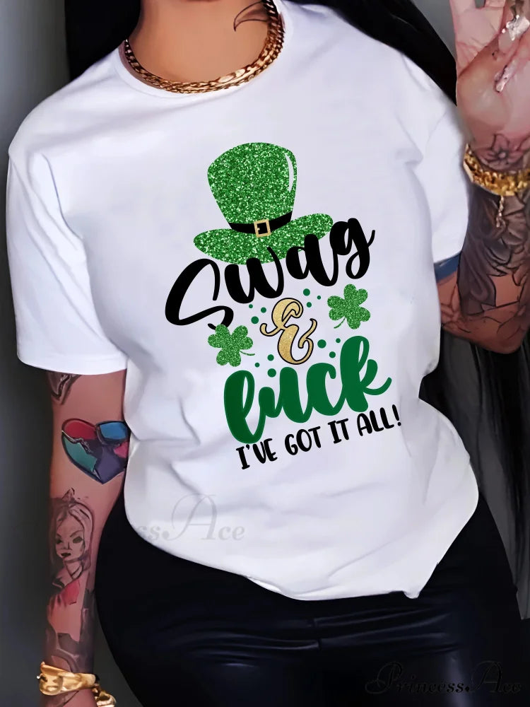 All-Season Casual Women's St. Patrick's Festive Alphabet Print Tee T-shirt