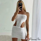 Alluring Rib Knit Cut Out Bodycon Sophisticated Strapless Mini Dress - Navy Blue