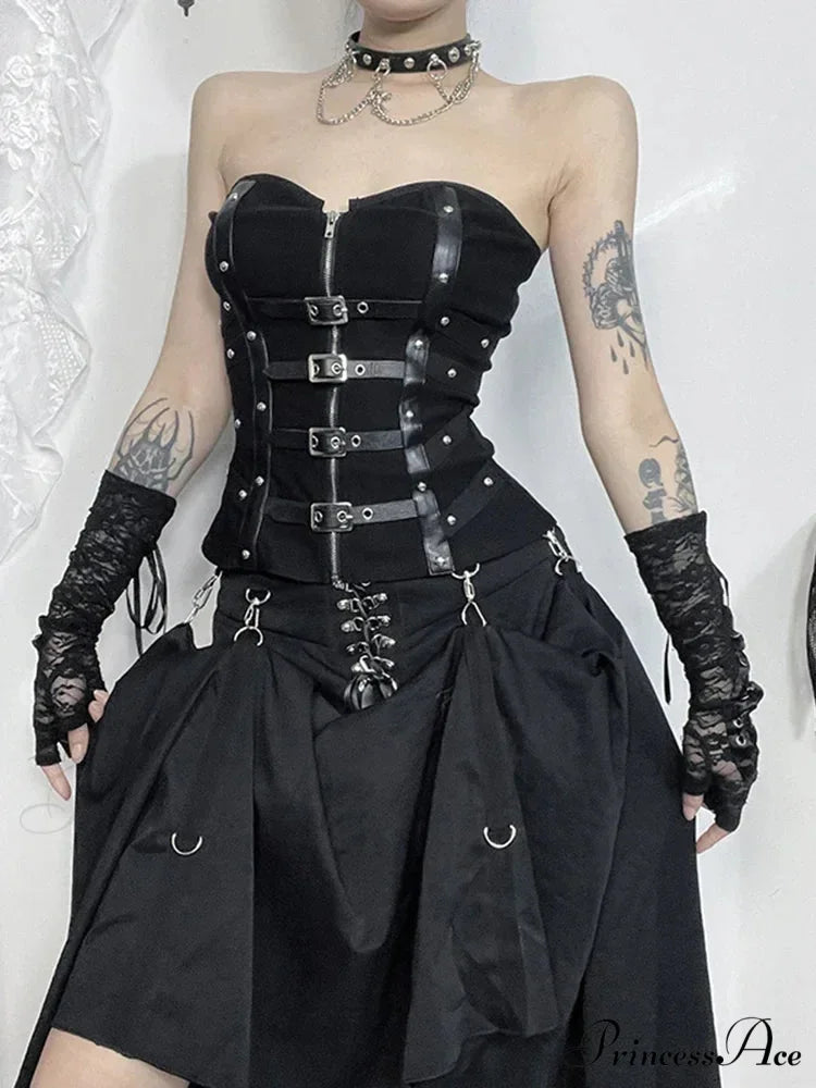 Alt Goth Gothic PU Patchwork Zipper Harajuku Crop Top