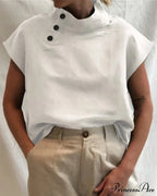 and Cotton Neckline Button Linen Stand Top