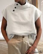 and Cotton Neckline Button Linen Stand Top